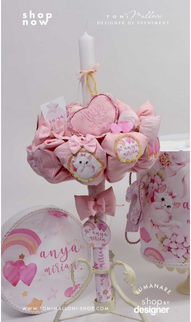 Lumanare de botez personalizata cu pisicuta inimioara brodata si curcubeu roz 2